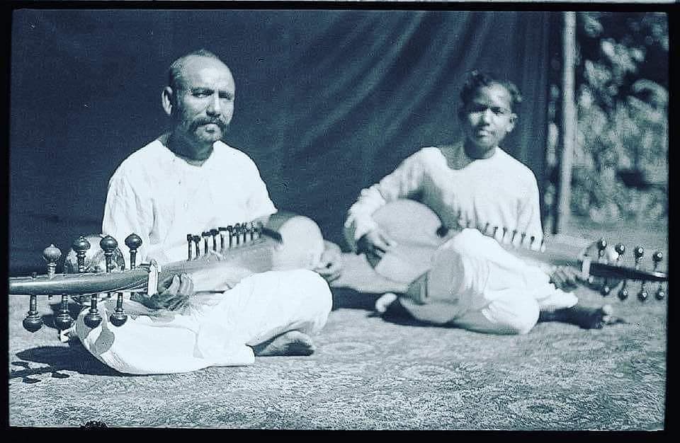 Ustad Baba Allauddin Khan with his son and discipline Ustad Ali Akbar Khan